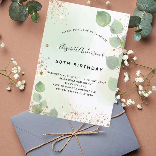 Birthday eucalyptus glitter greenry modern invitation (Creator Uploaded)