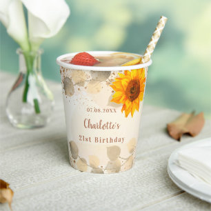 Birthday eucalyptus glitter sunflowers monogram paper cups