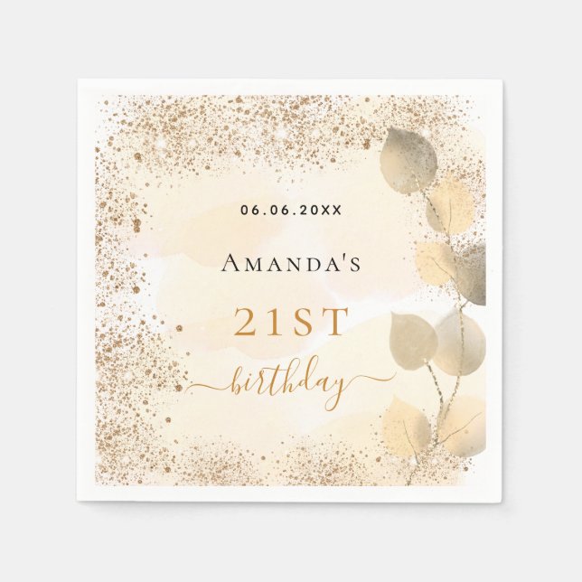 Birthday eucalyptus golden glitter monogram napkin (Front)