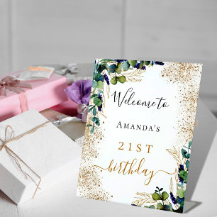 Birthday eucalyptus greenery elegant welcome pedestal sign