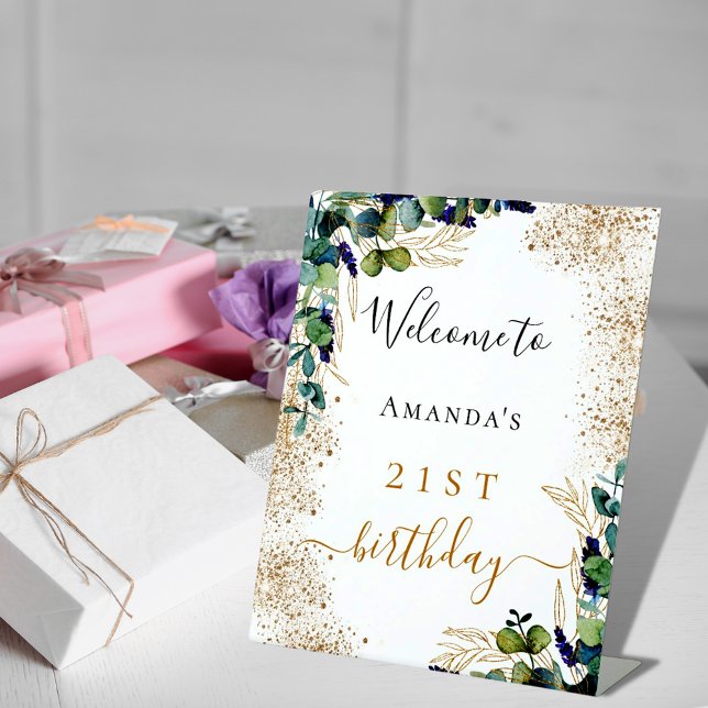 Birthday eucalyptus greenery elegant welcome pedestal sign (Creator Uploaded)
