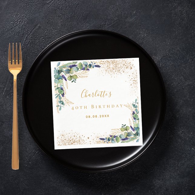 Birthday eucalyptus greenery glitter monogram napkin (Creator Uploaded)