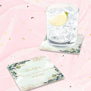 Birthday eucalyptus greenery glitter monogram square paper coaster