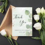 Birthday eucalyptus greenery gold glitter sparkles thank you card<br><div class="desc">A thank you card for a 50th (or any age) birthday. A green watercolored background decorated with eucalyptus greenery and faux gold glitter dust. On front large black coloured hand lettered script and the text: Thank You, your text, title and a date. Back: Personalise and add Your thank you note...</div>