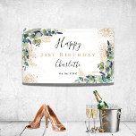 Birthday eucalyptus greenery modern welcome banner<br><div class="desc">Celebrating a 21st (or any age) birthday. A chic white background. Decorated with green watercolored eucalyptus leaves,  sprigs,  greenery,  faux gold leaves and golden glitter spots. Personalise and add the age,  name and a date. Black and golden letters.</div>