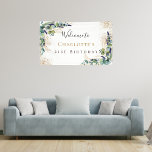 Birthday eucalyptus greenery modern welcome banner<br><div class="desc">Celebrating a 21st (or any age) birthday. A chic white background. Decorated with green watercolored eucalyptus leaves,  sprigs,  greenery,  faux gold leaves and golden glitter spots. Personalise and name and age 21. Black and golden letters.</div>