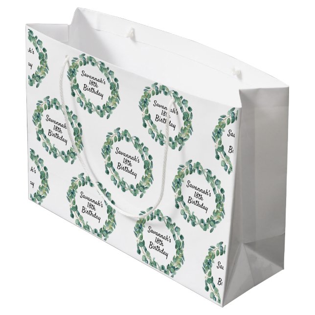 Birthday eucalyptus greenery name script large gift bag (Back Angled)