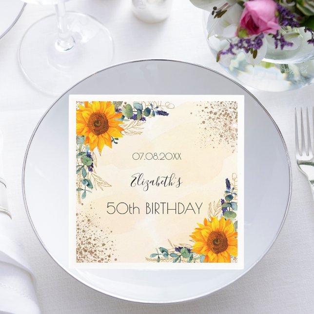 Birthday eucalyptus greenery sunflowers glitter napkin (Creator Uploaded)