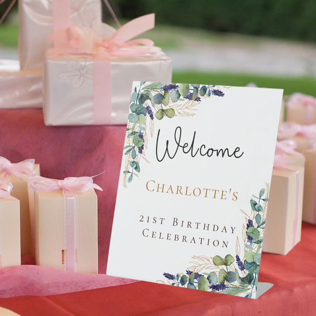 Birthday eucalyptus greenery welcome script pedestal sign (Creator Uploaded)