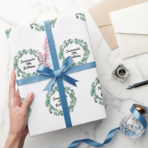 Birthday eucalyptus greenery wreath name script wrapping paper