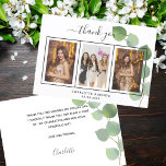 Birthday eucalyptus photo thank you card<br><div class="desc">Add 3 of Your birthday photos, vertical size, a date, name, and the thank you note. A classic white background with black text and frame, a eucalyptus sprig. The text: Thank you on the front and your name on the back are written with a stylish hand lettered script with swashes....</div>
