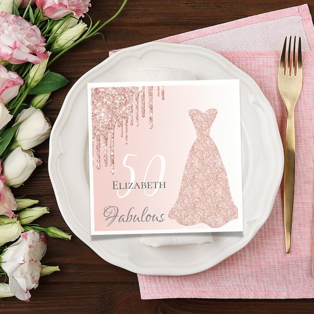 Birthday fabulous blush rose gold glitter drip napkin (Creator Uploaded)