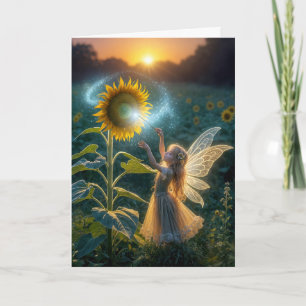 Birthday Fairy Girl Casting a Spell On a Sunflower Card