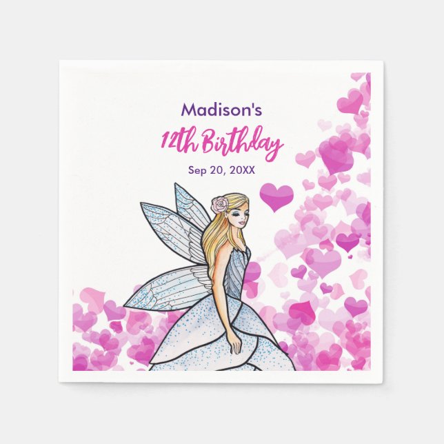 Birthday Fairy Princess Pink Hearts Fashion Sketch Napkin (Front)