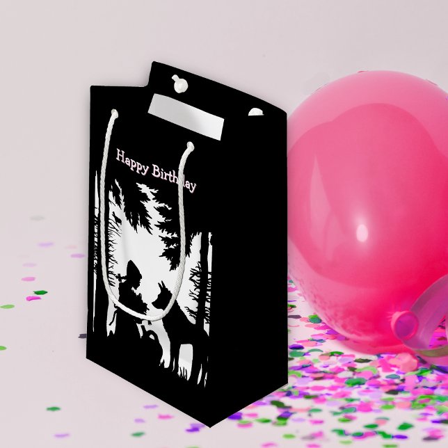 Birthday Fairy Tale Riding Hood Wolf Black White Small Gift Bag (Red riding hood in woods with flowers talking to wolf on black white Happy Birthday gift bags.)