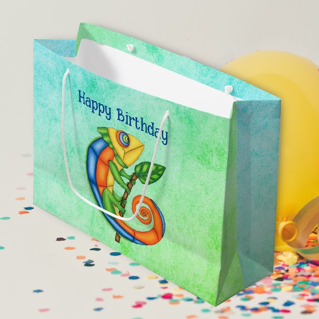 Birthday Fantasy Smiling Colourful Lizard Leaf Large Gift Bag (Happy Birthday cute lizard holding stick with leaf on green and blue gift bag.)