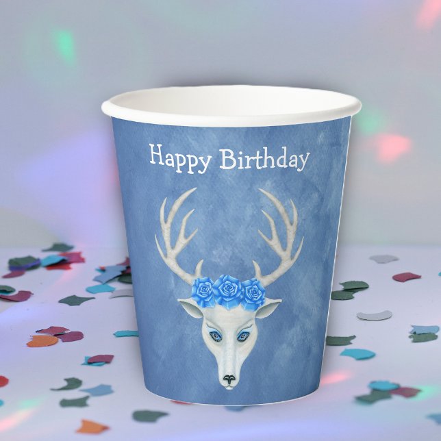Birthday Fantasy White Deer Head Blue Roses Paper Cups (Mystical white deer head antlers crown of blue roses on misty blue Birthday party paper cup.)