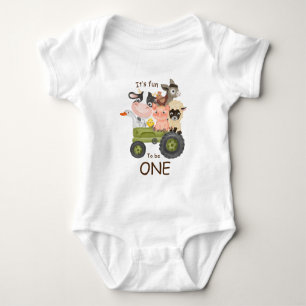 Birthday Farm animals on tractor, Fun to be ONE Baby Bodysuit