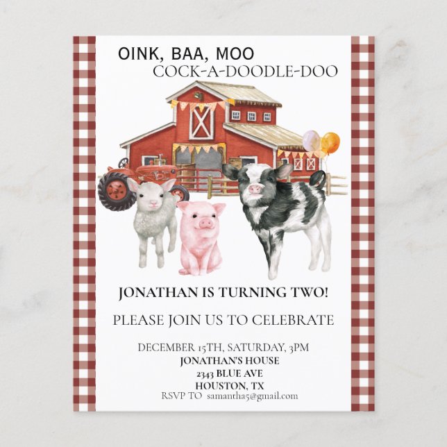 Birthday Farm Watercolor Cow Pig Barn (Front)