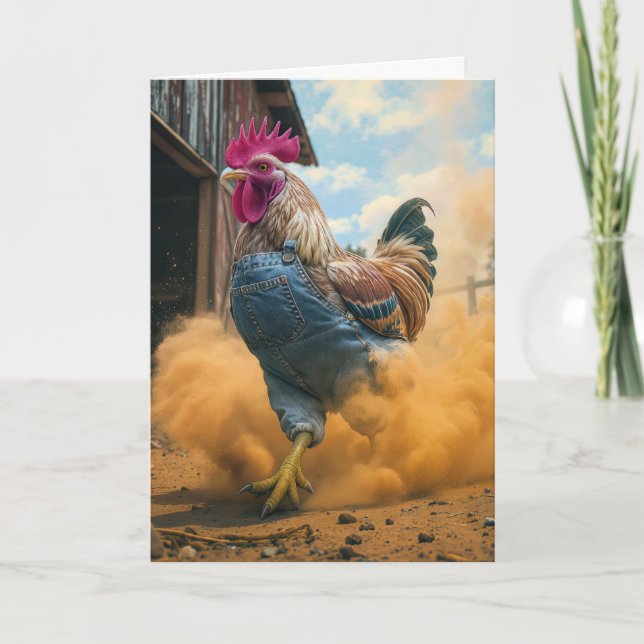 Birthday Farmer Rooster Kicking Up Dust Card (Front)