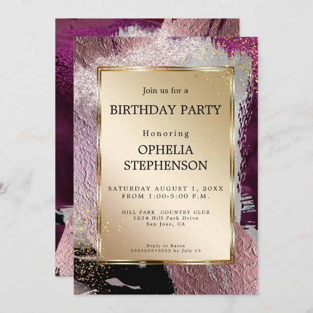 Birthday | Faux Metallic Gold Plum Merlot Strokes Invitation (Front/Back)