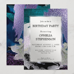 Birthday Faux Metallic Silver Lilac Aqua Invitation
