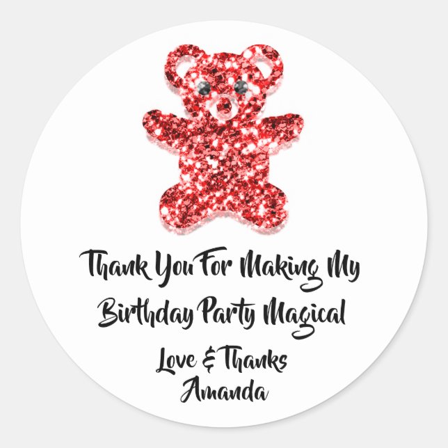  Birthday Favour Glitter Red Sweet Bear White Classic Round Sticker (Front)