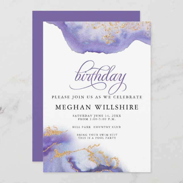 Birthday February Amethyst Watercolor Geode Invitation (Front/Back)