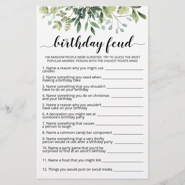 Birthday Feud game with Answers (Front)