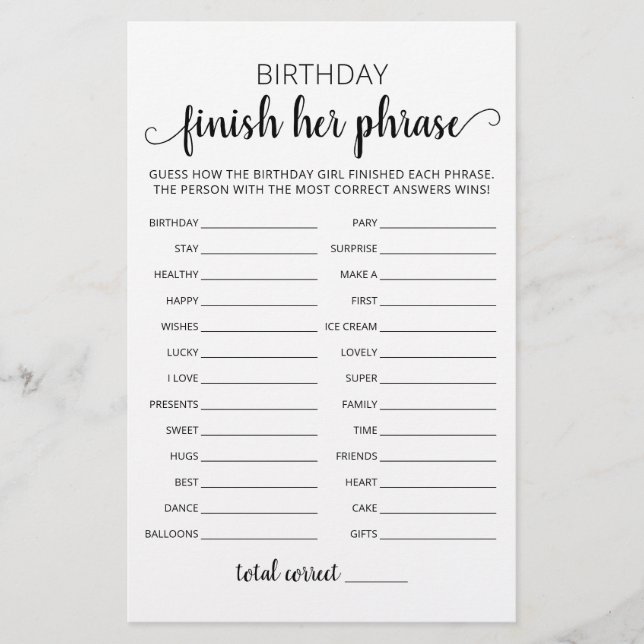 Birthday Finish Her Phrase Birthday Party game (Front)