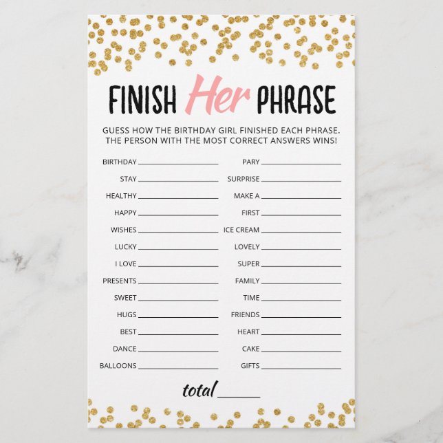 Birthday Finish Her Phrase Birthday Party game (Front)