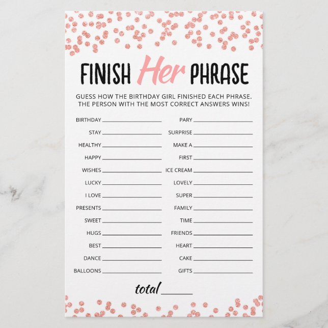 Birthday Finish Her Phrase Birthday Party game (Front)
