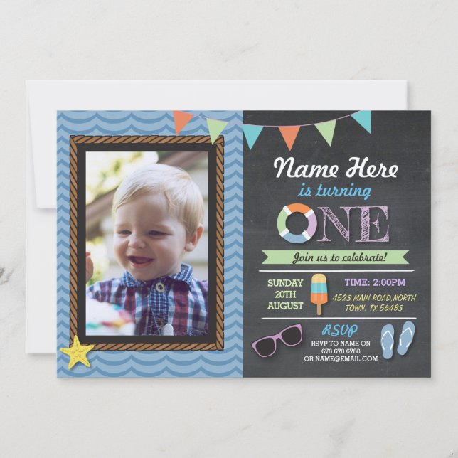 Birthday First Photo Lolly Pool Party Invite (Front)