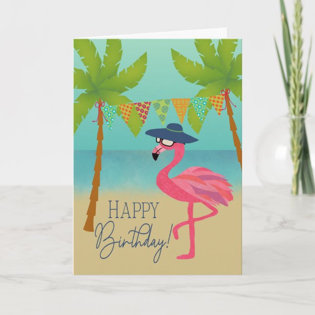 Birthday Flamingo on the Beach Card (Front)