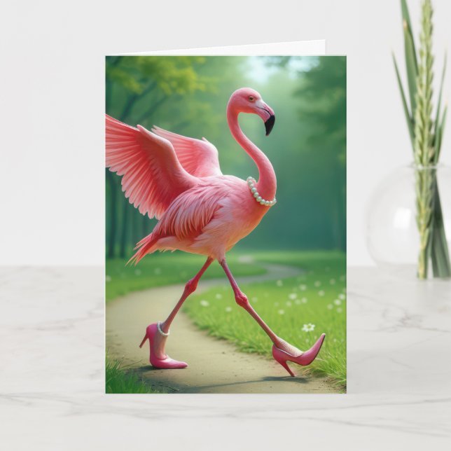 Birthday Flamingo Wearing High Heels and Pearls Card (Front)