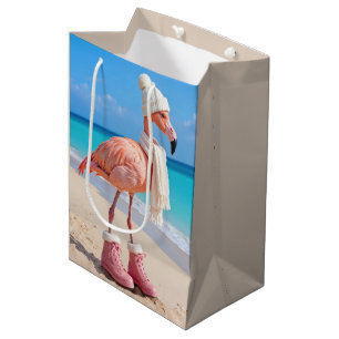 Birthday Flamingo Wearing Winter Scarf and Hat Medium Gift Bag