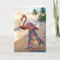 Birthday Flamingo With Champagne On a Beach