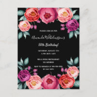 Birthday floral black rose gold blush invitation