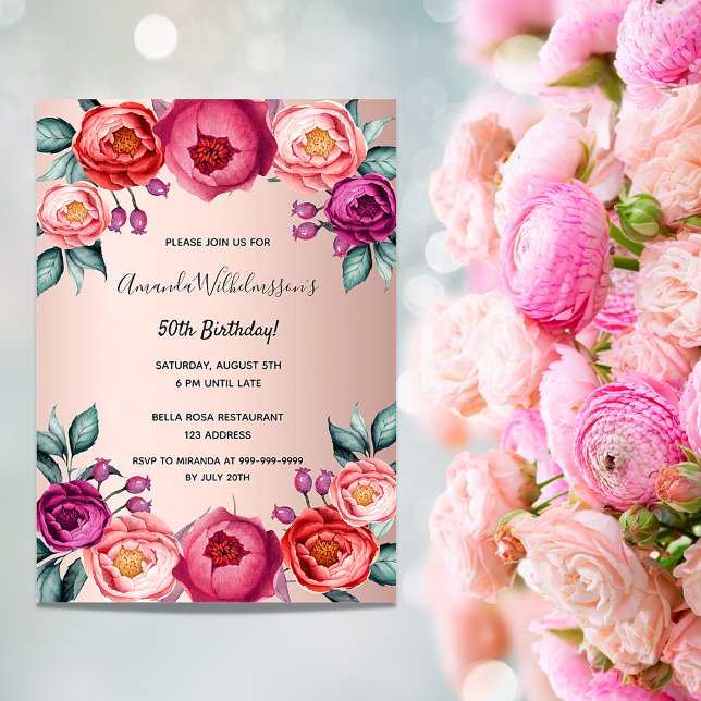 Birthday floral blush pink purple invitation postcard (Creator Uploaded)
