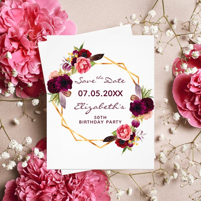 Birthday floral burgundy budget Save the Date Flyer (Creator Uploaded)