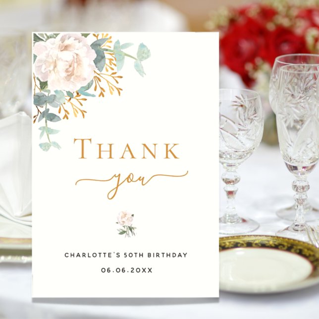 Birthday floral eucalyptus greenery elegant thank you card (Creator Uploaded)