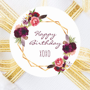 Birthday floral gold geometric white classic round sticker