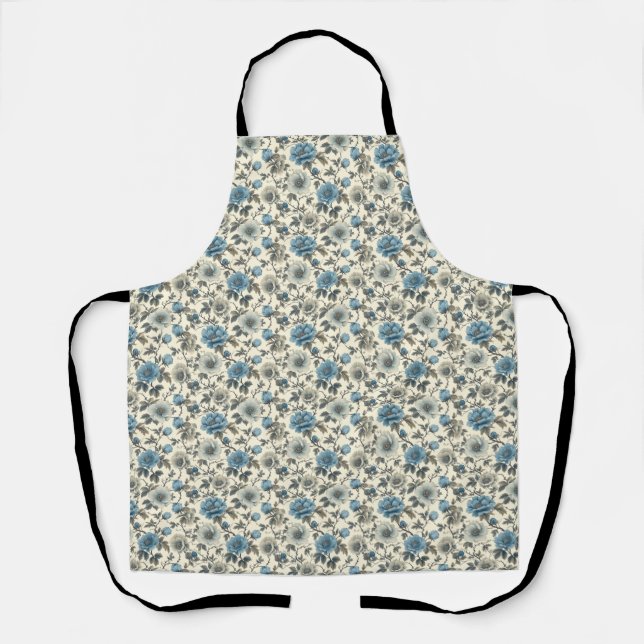 Birthday Floral Pattern Blue and Beige Flowers Apron (Front)