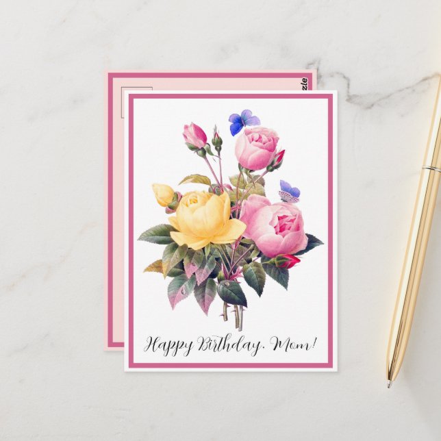 Birthday Floral Pink Yellow Roses Purple Butterfly Postcard (Front/Back In Situ)