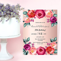 Birthday floral rose gold blush pink invitation