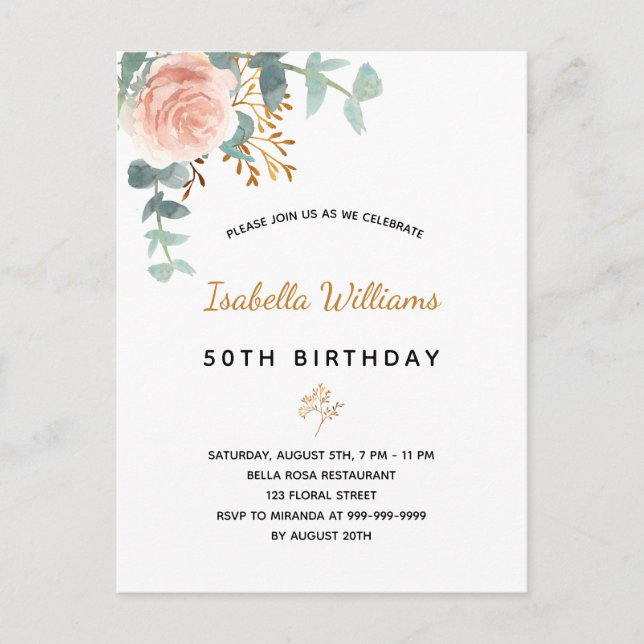 Birthday floral rose gold eucalyptus elegant postcard (Front)