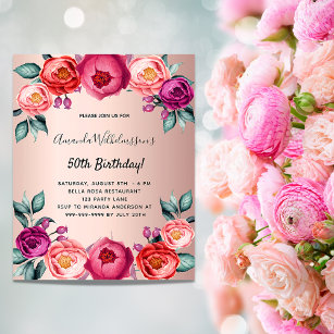 Birthday floral rose gold pink budget invitation