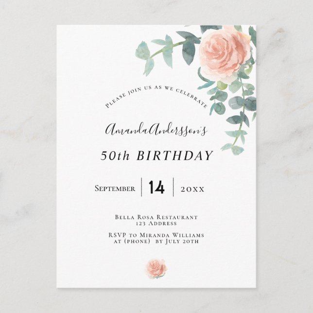 Birthday floral rose gold white greenery elegant postcard (Front)