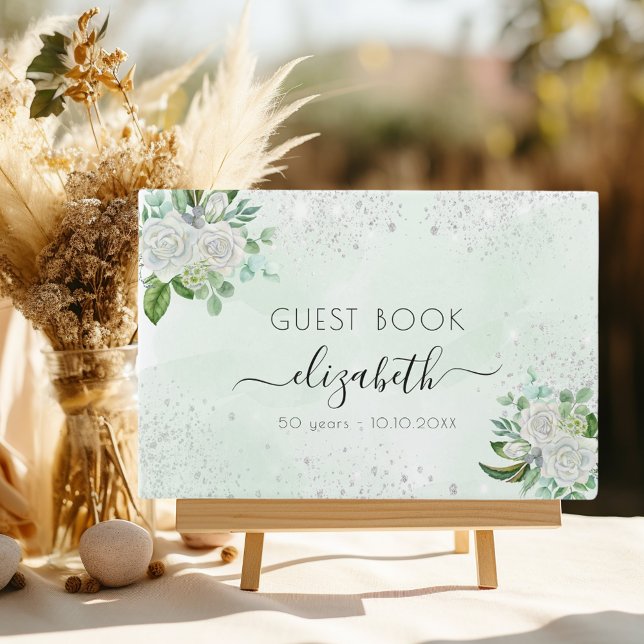 Birthday floral silver glitter greenery name guest book (Creator Uploaded)