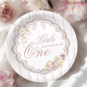 Birthday Floral Wildflower Gils Just Wanna be ONE Paper Plate